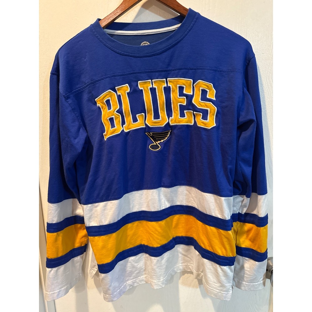 NHL St Louis Blues Long Sleeve Jersey Shirt Blue Yellow White Mens Medium